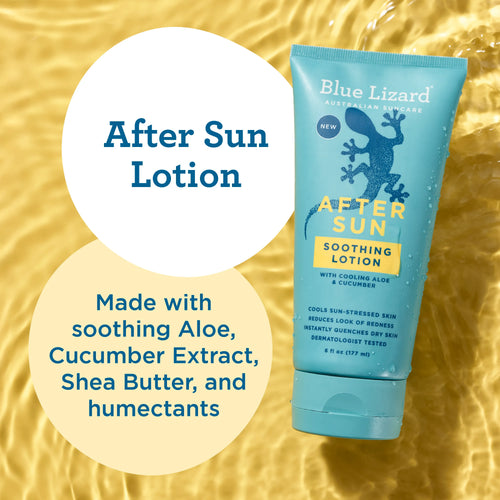 Blue Lizard after sun soothing lotion tube with text about ingredients on a yellow background