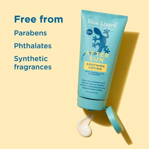 Blue Lizard after sun soothing lotion tube on a yellow background with text about ingredients