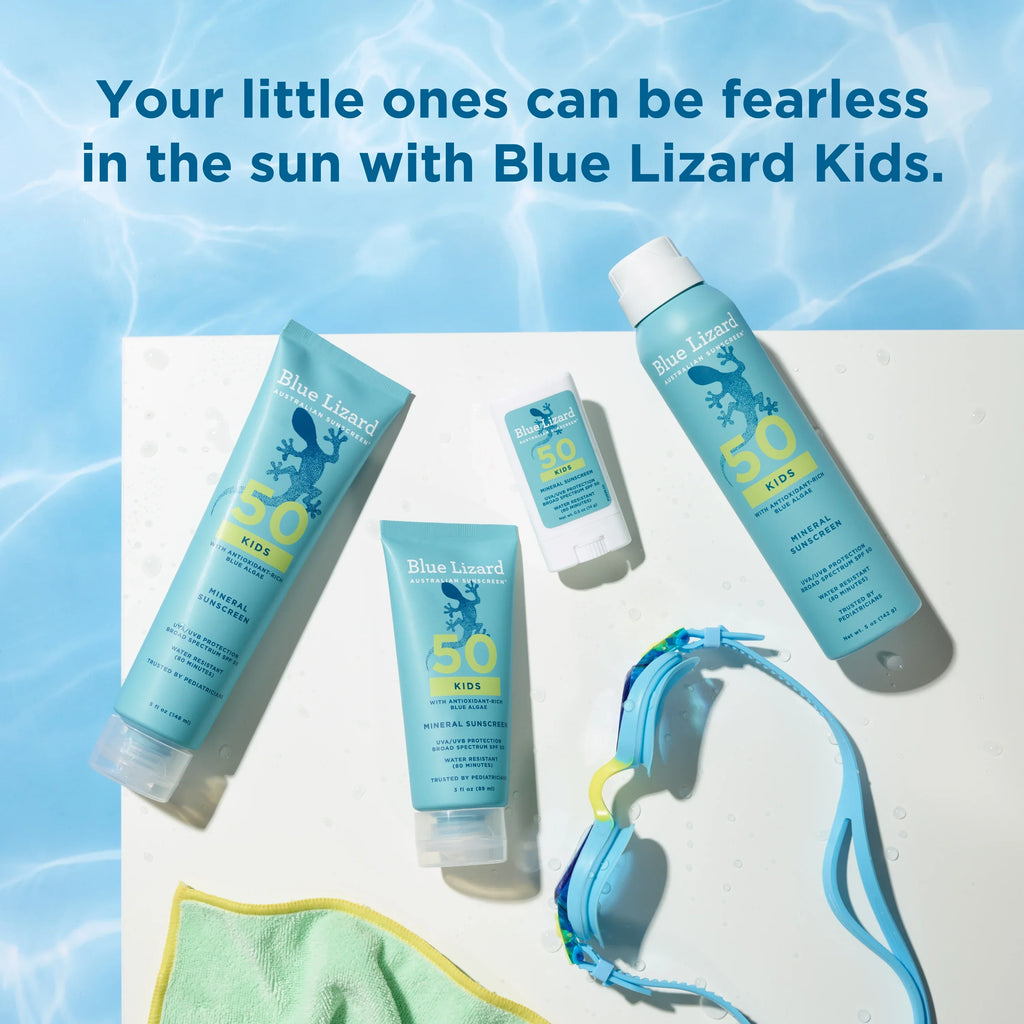 Blue Lizard Kids sunscreen products with promotional text on a light blue background