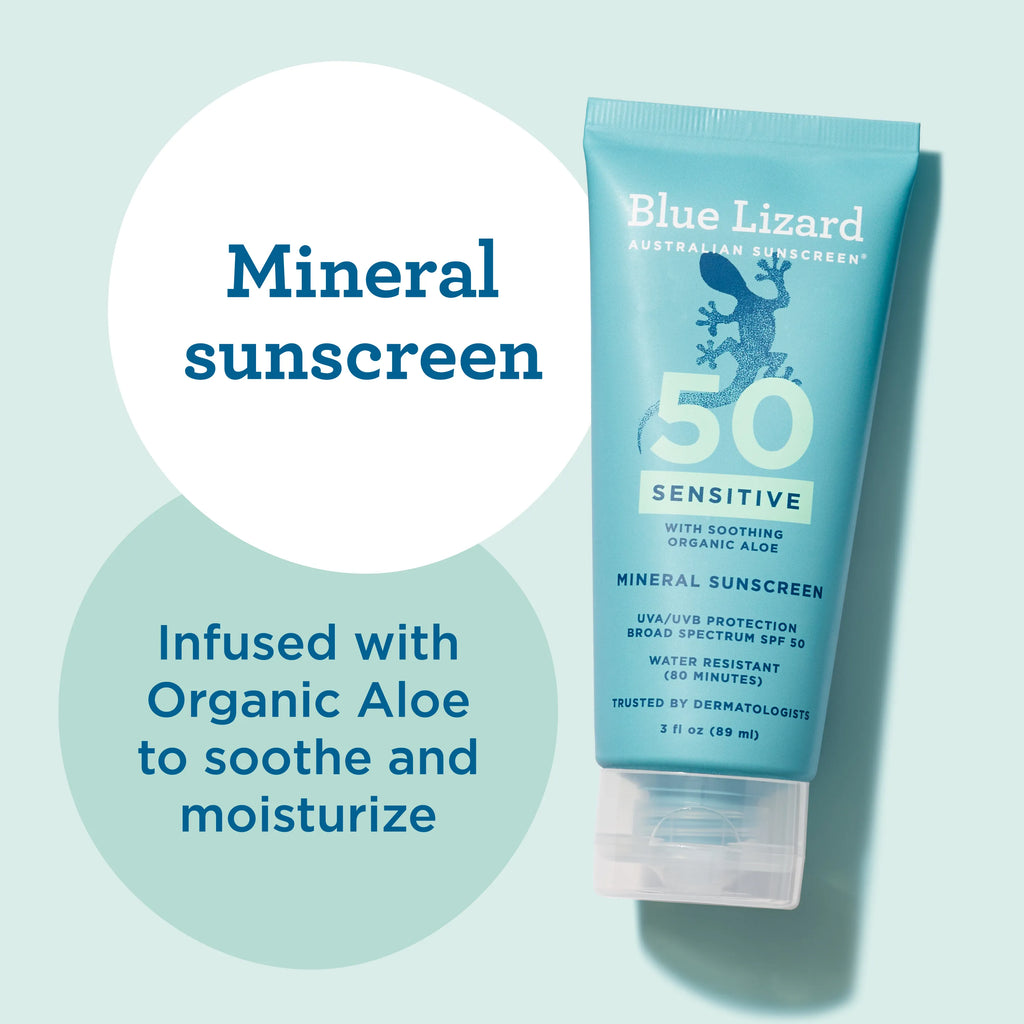 Blue Lizard sensitive SPF 50 mineral sunscreen tube on a light blue background with text about organic aloe.