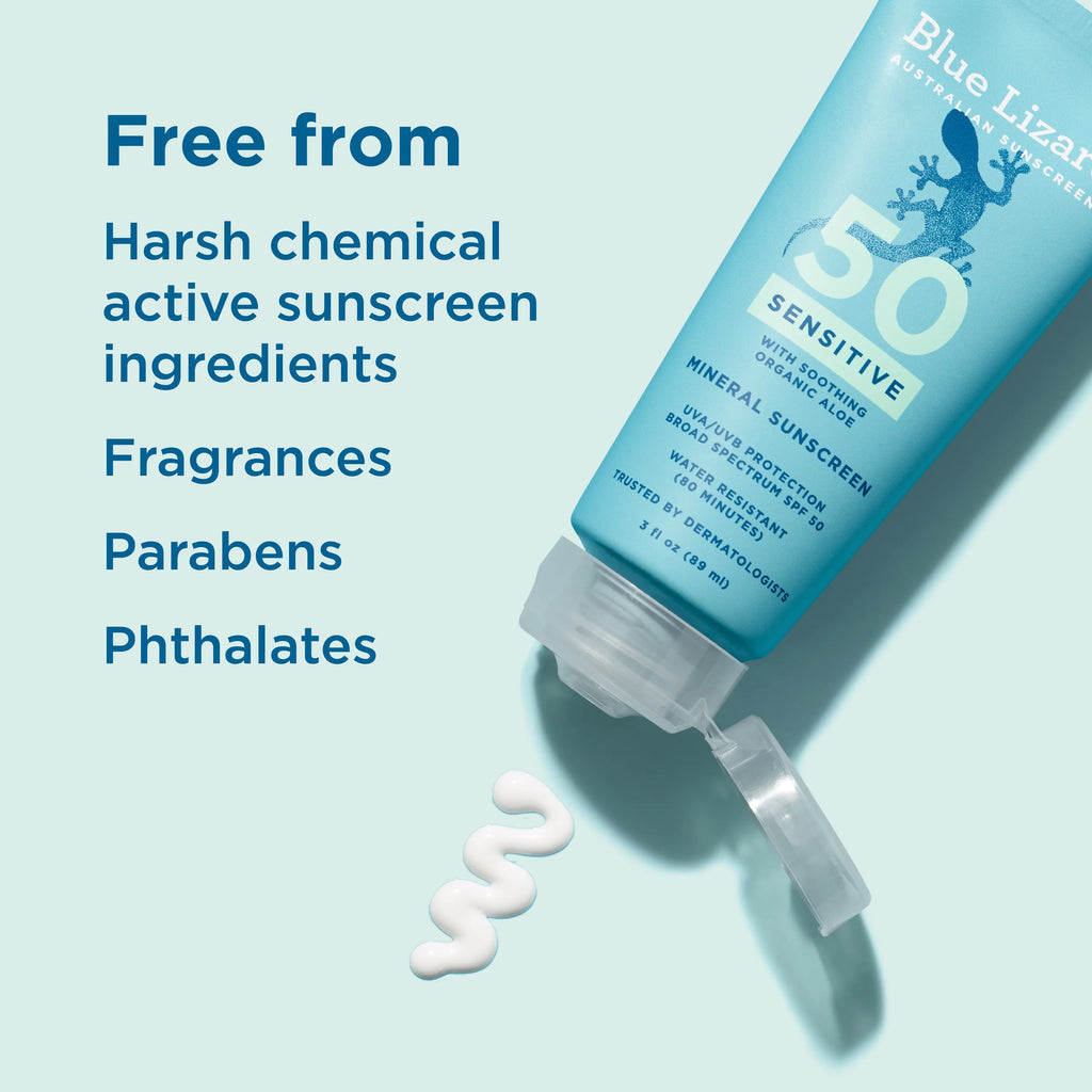 Blue Lizard sensitive SPF 50 mineral sunscreen bottle with text highlighting ingredients free from harsh chemicals on a light blue background
