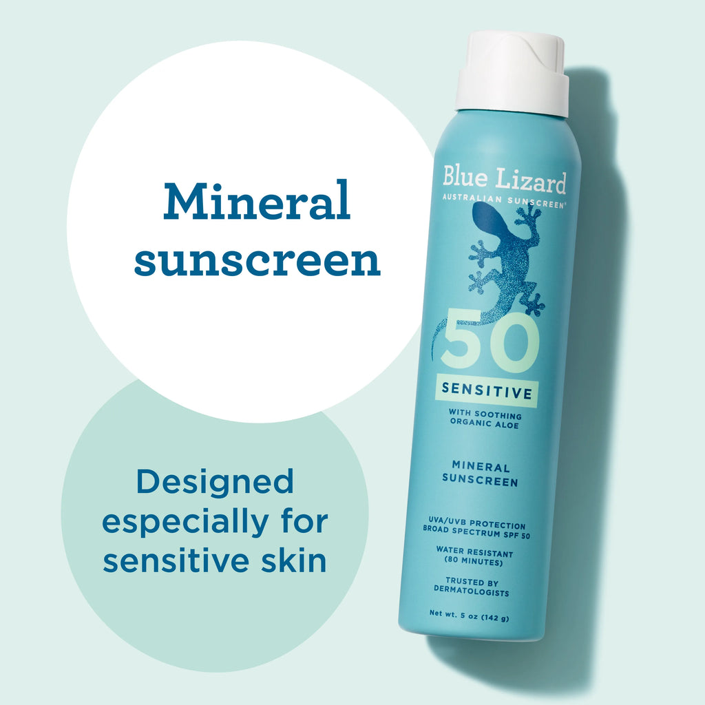 Blue Lizard sensitive SPF 50 mineral sunscreen spray can with text on a light blue background