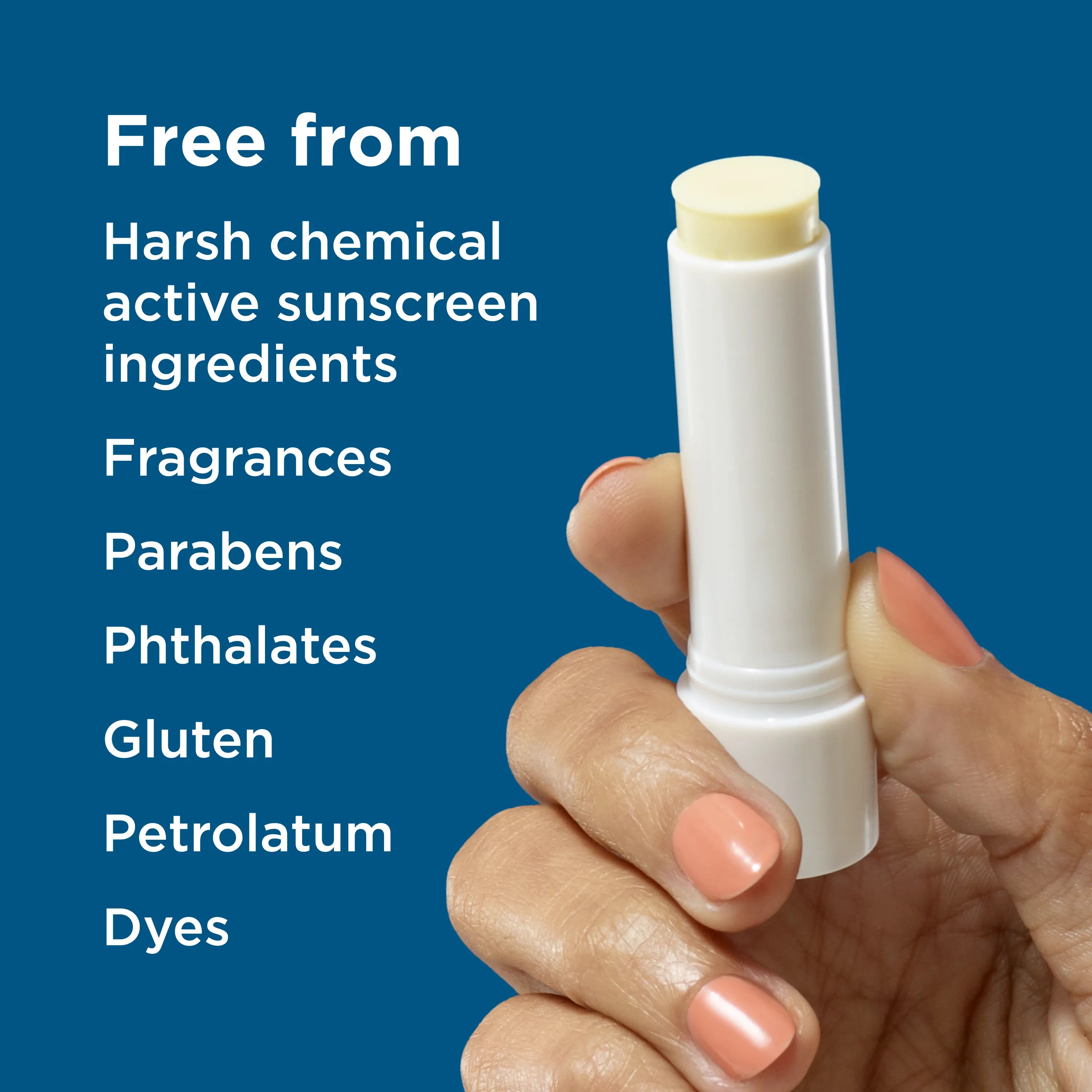 Hand holding Blue Lizard SPF 15 lip balm mineral sunscreen against a blue background with text about product ingredients.