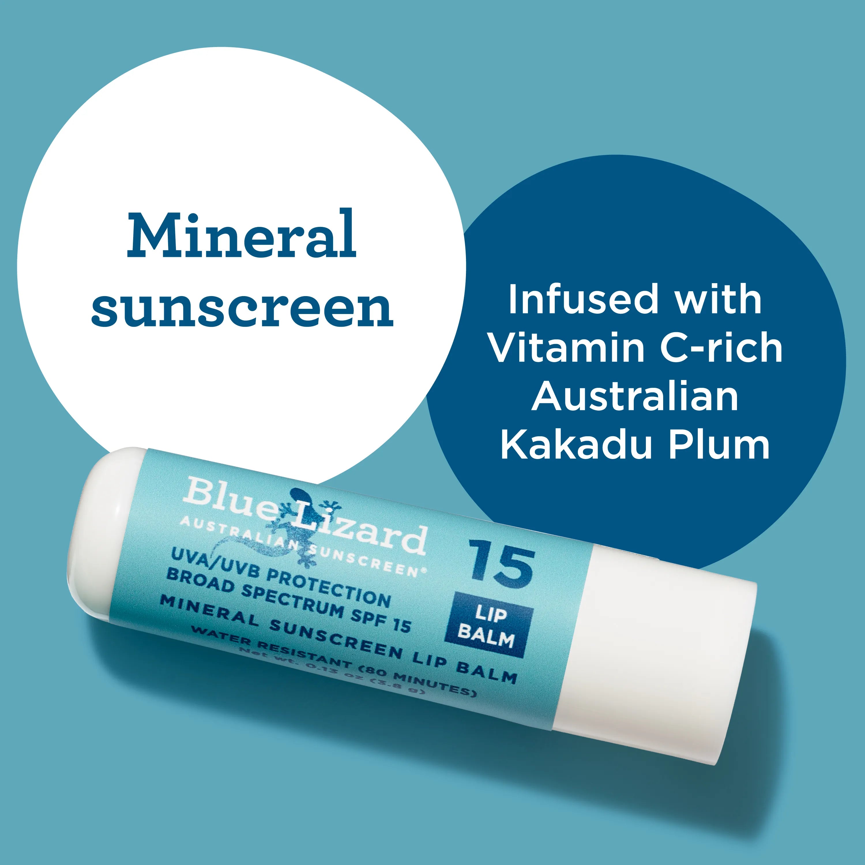 Blue Lizard mineral sunscreen lip balm SPF 15 on a blue background with text about vitamin C-rich Kakadu Plum.
