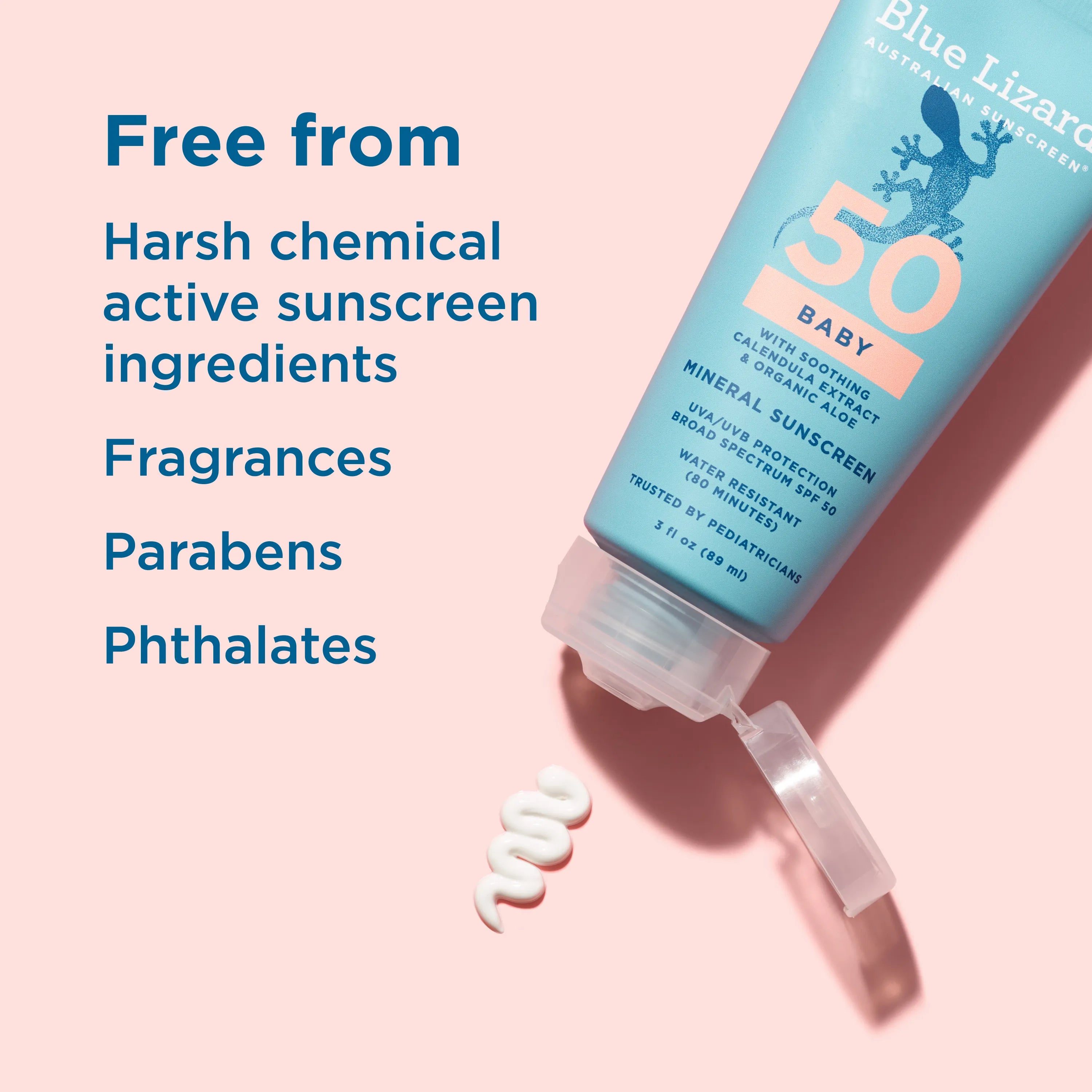 Blue Lizard sunscreen bottle with text highlighting benefits on a pink background