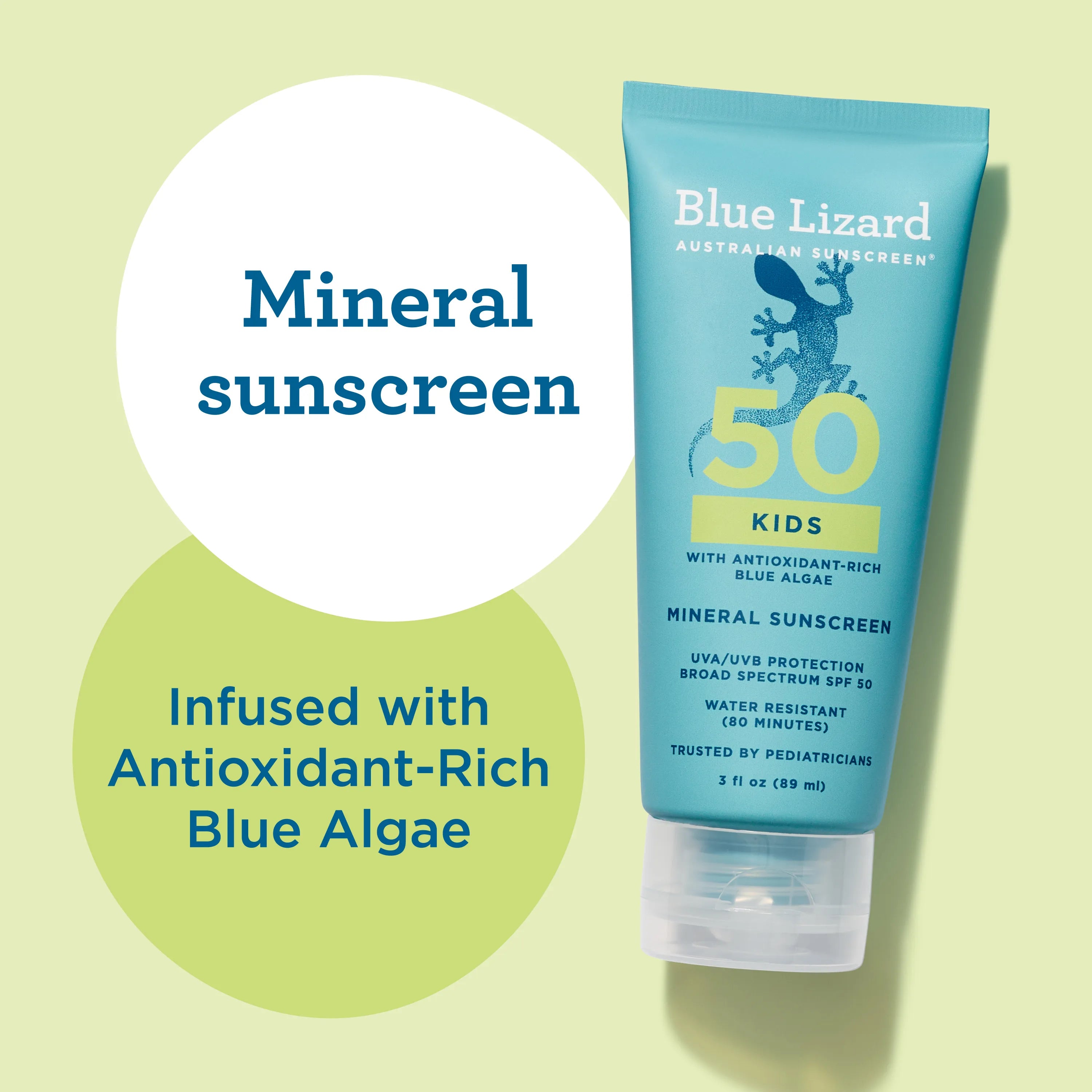 Blue Lizard Kids mineral sunscreen tube with text on a green background