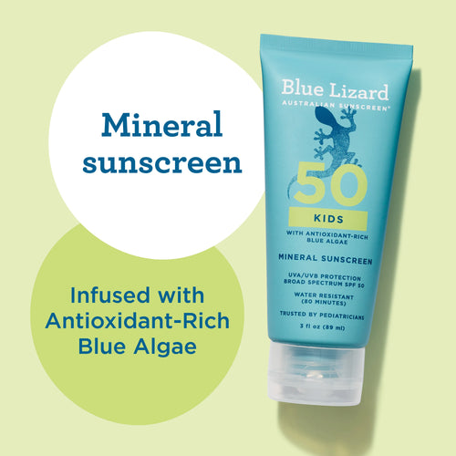 Blue Lizard Kids mineral sunscreen tube with text on a green background
