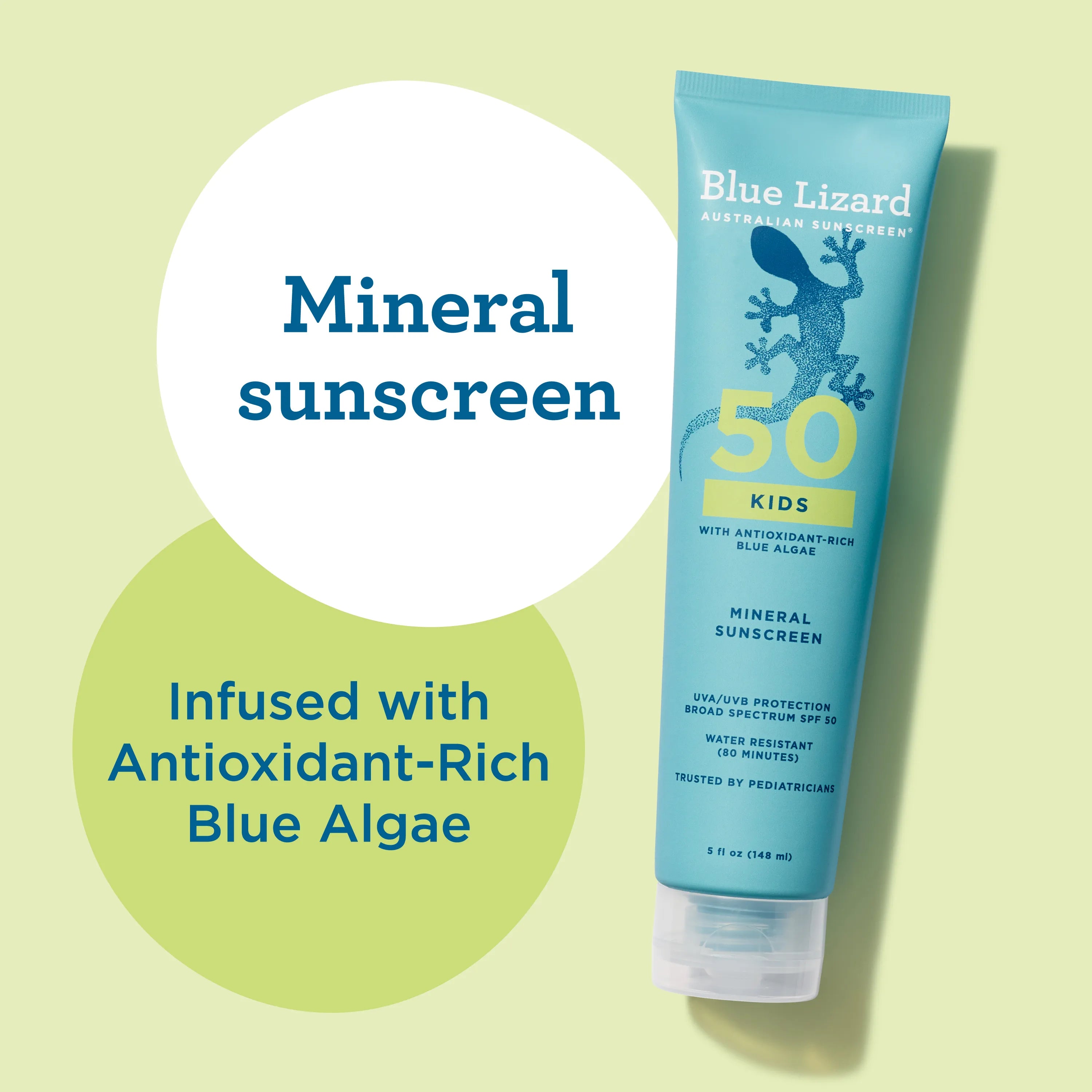 Blue Lizard kids SPF 50 mineral sunscreen  lotion tube on a light green background